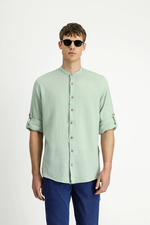 Mint Green Long Sleeve Regular Fit Patterned Cotton Linen Shirt