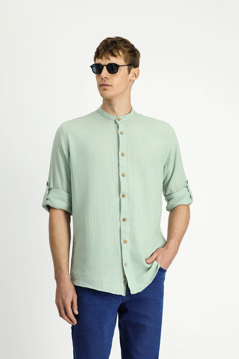Mint Green Long Sleeve Regular Fit Patterned Cotton Linen Shirt