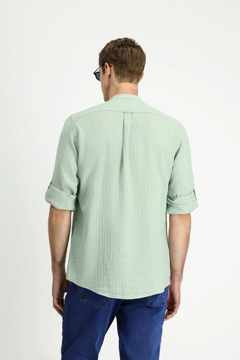 Mint Green Long Sleeve Regular Fit Patterned Cotton Linen Shirt
