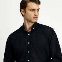Black Long Sleeve Regular Fit Button-Down Collar Cotton Linen Shirt