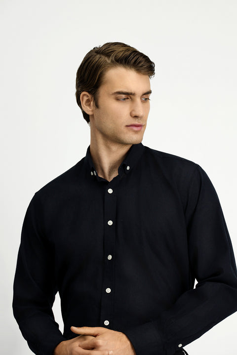 Black Long Sleeve Regular Fit Button-Down Collar Cotton Linen Shirt