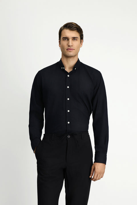 Black Long Sleeve Regular Fit Button-Down Collar Cotton Linen Shirt