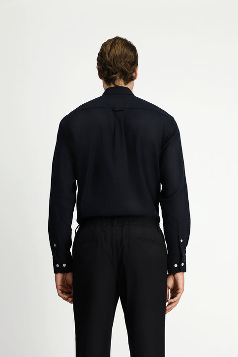 Black Long Sleeve Regular Fit Button-Down Collar Cotton Linen Shirt