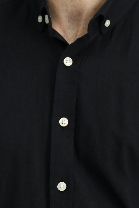 Black Long Sleeve Regular Fit Button-Down Collar Cotton Linen Shirt