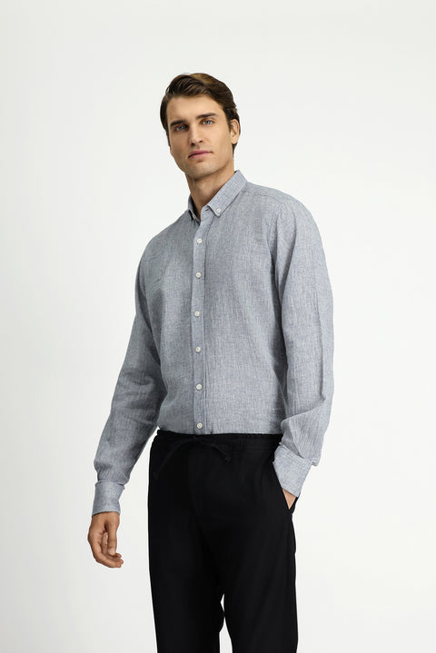 Light Gray Long Sleeve Regular Fit Button-Down Collar Cotton Linen Shirt