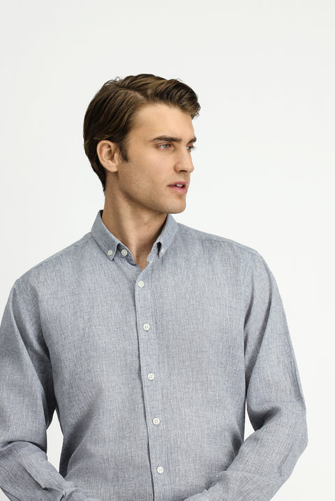 Light Gray Long Sleeve Regular Fit Button-Down Collar Cotton Linen Shirt