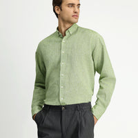 Dark Green Long Sleeve Regular Fit Button-Down Collar Cotton Linen Shirt