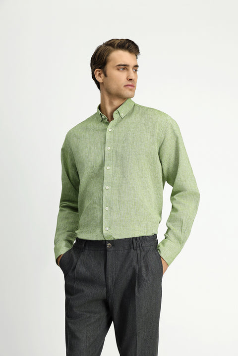 Dark Green Long Sleeve Regular Fit Button-Down Collar Cotton Linen Shirt