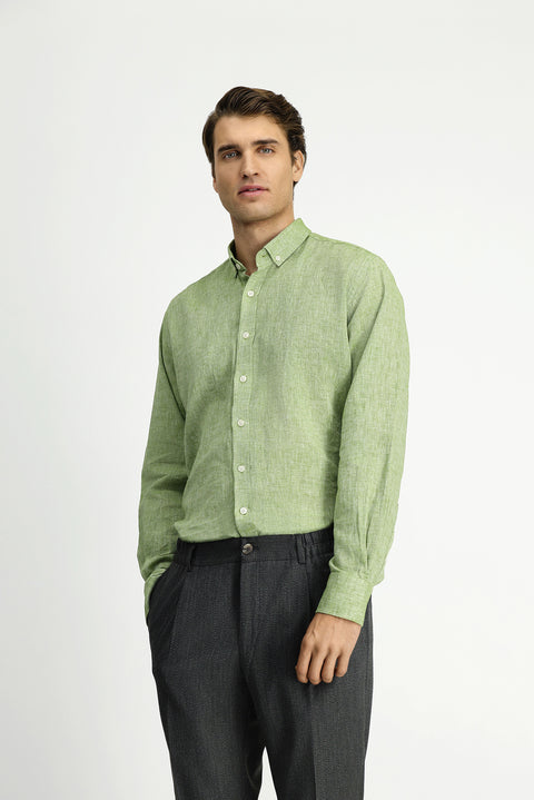 Dark Green Long Sleeve Regular Fit Button-Down Collar Cotton Linen Shirt