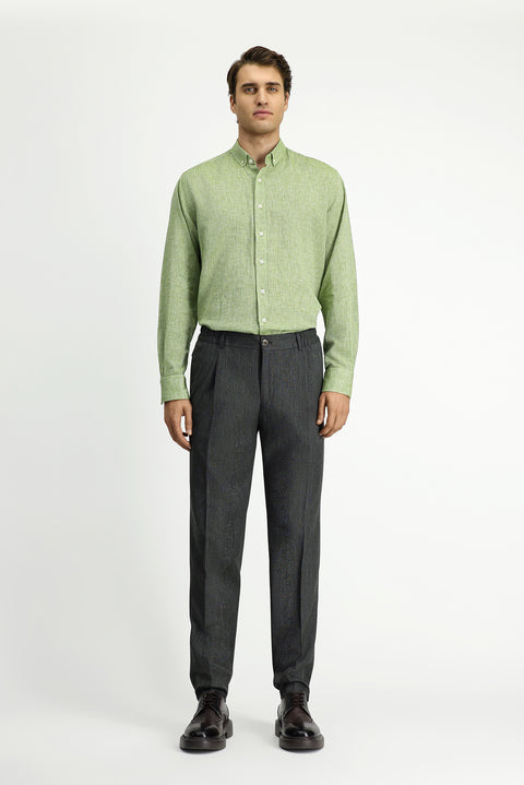 Dark Green Long Sleeve Regular Fit Button-Down Collar Cotton Linen Shirt
