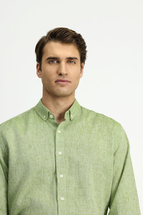 Dark Green Long Sleeve Regular Fit Button-Down Collar Cotton Linen Shirt