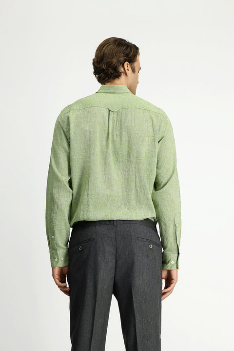 Dark Green Long Sleeve Regular Fit Button-Down Collar Cotton Linen Shirt