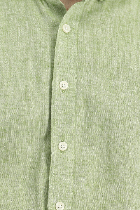 Dark Green Long Sleeve Regular Fit Button-Down Collar Cotton Linen Shirt