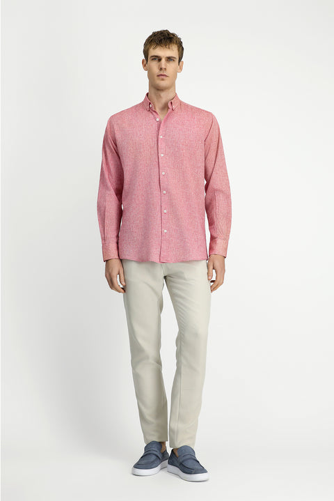 Light Red Long Sleeve Regular Fit Button-Down Collar Cotton Linen Shirt