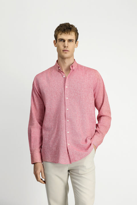 Light Red Long Sleeve Regular Fit Button-Down Collar Cotton Linen Shirt