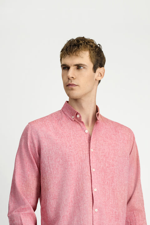 Light Red Long Sleeve Regular Fit Button-Down Collar Cotton Linen Shirt