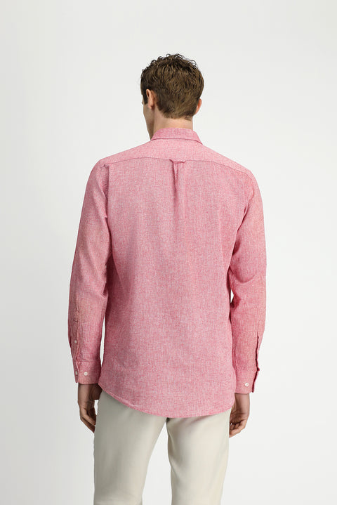 Light Red Long Sleeve Regular Fit Button-Down Collar Cotton Linen Shirt