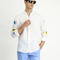 White Long Sleeve Regular Fit Patterned Linen Shirt