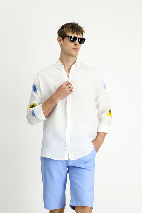White Long Sleeve Regular Fit Patterned Linen Shirt