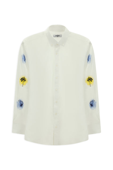 White Long Sleeve Regular Fit Patterned Linen Shirt