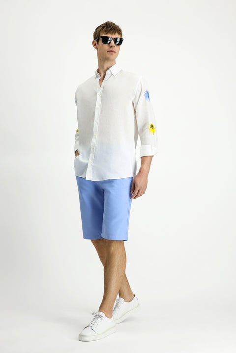White Long Sleeve Regular Fit Patterned Linen Shirt