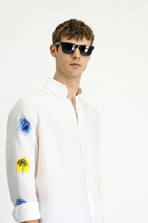 White Long Sleeve Regular Fit Patterned Linen Shirt