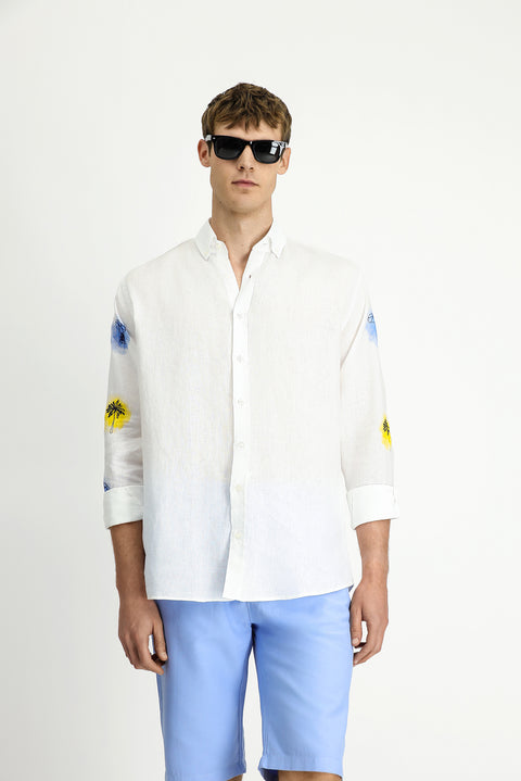 White Long Sleeve Regular Fit Patterned Linen Shirt