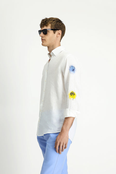 White Long Sleeve Regular Fit Patterned Linen Shirt