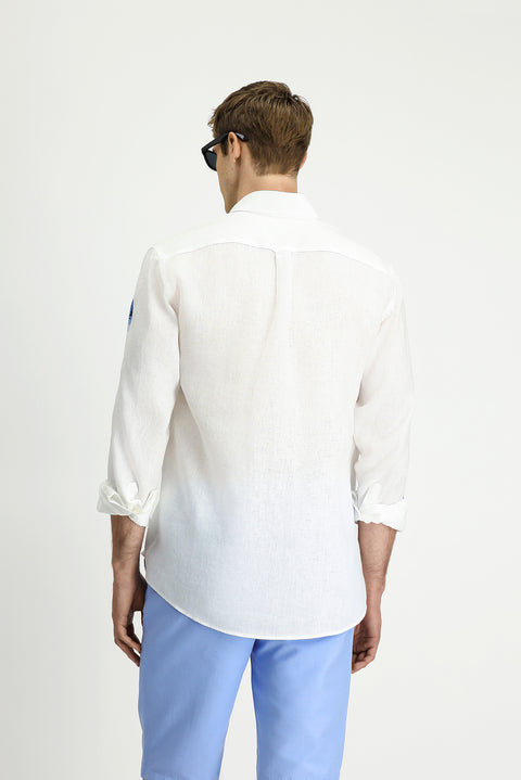 White Long Sleeve Regular Fit Patterned Linen Shirt