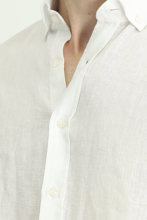 White Long Sleeve Regular Fit Patterned Linen Shirt