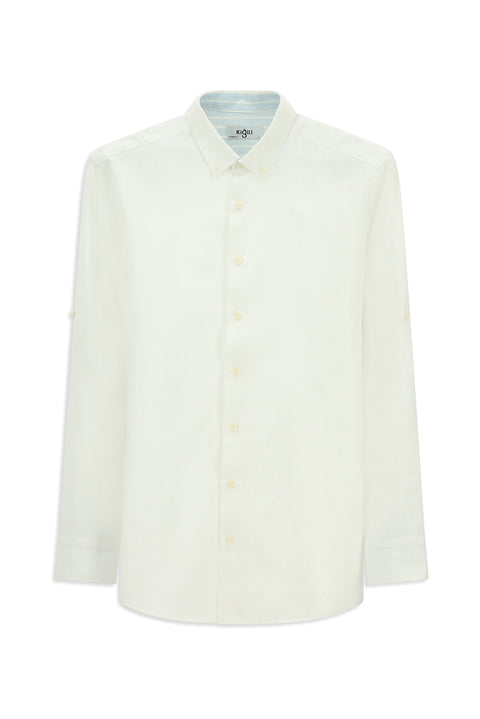 White Long Sleeve Regular Fit Button-Down Collar Linen Shirt