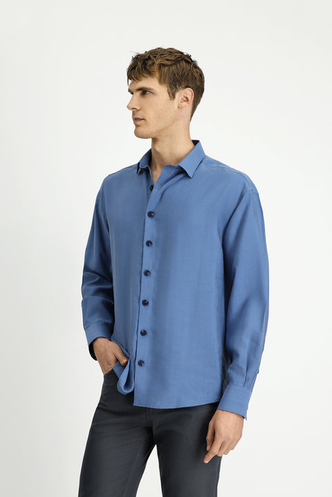 Light Navy Long Sleeve Oversize Lyocell Blend Shirt