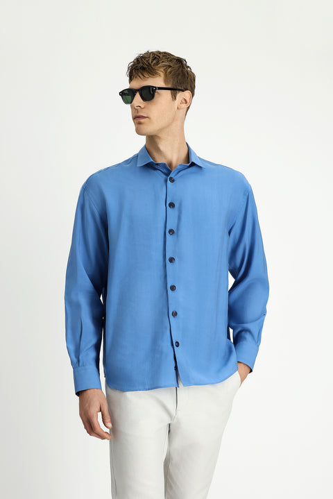 Blue Long Sleeve Oversize Lyocell Blend Shirt