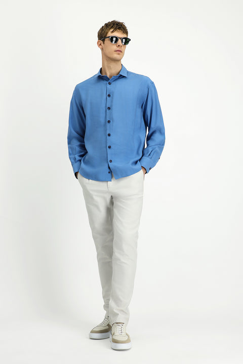 Blue Long Sleeve Oversize Lyocell Blend Shirt