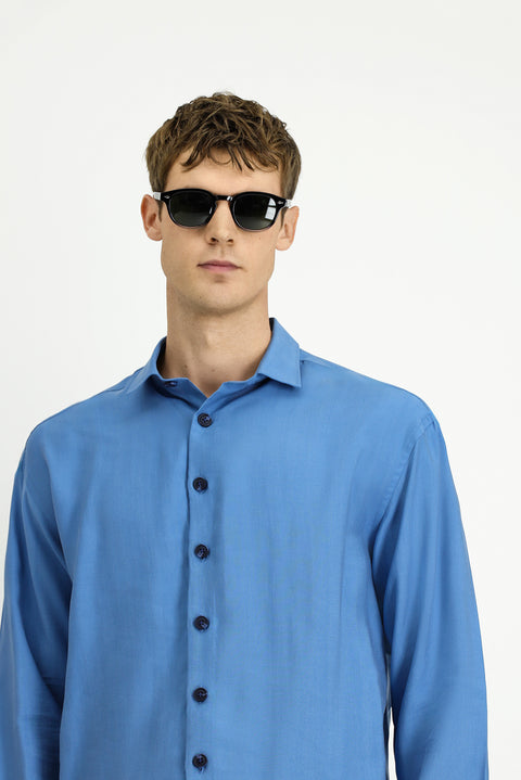 Blue Long Sleeve Oversize Lyocell Blend Shirt