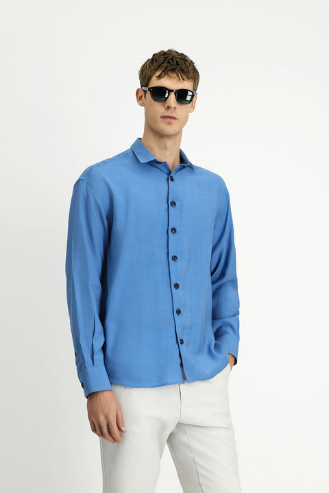 Blue Long Sleeve Oversize Lyocell Blend Shirt