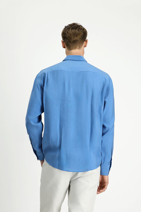 Blue Long Sleeve Oversize Lyocell Blend Shirt