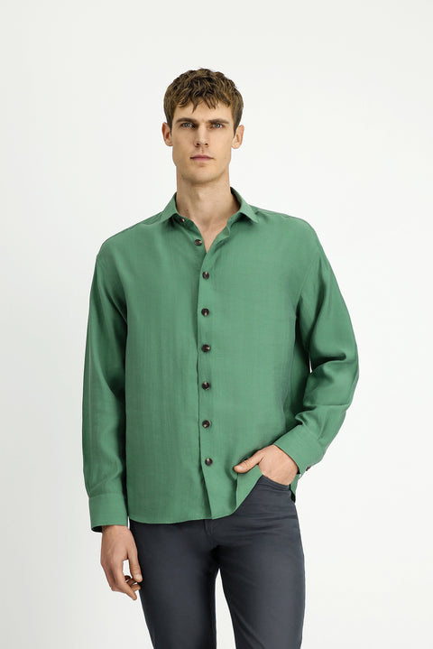Forest Green Long Sleeve Oversize Lyocell Blend Shirt