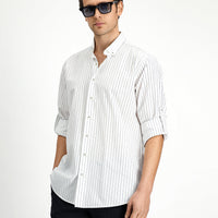White and Navy Long Sleeve Regular Fit Striped Sport Button-Down Collar Cotton Shirt