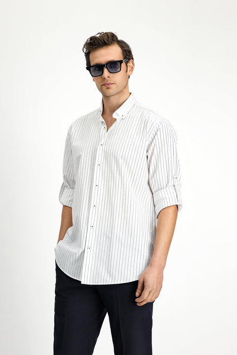 White and Navy Long Sleeve Regular Fit Striped Sport Button-Down Collar Cotton Shirt