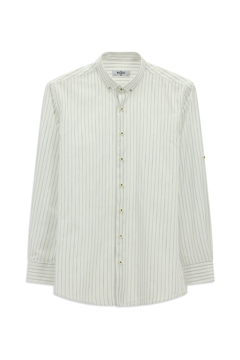 White and Navy Long Sleeve Regular Fit Striped Sport Button-Down Collar Cotton Shirt