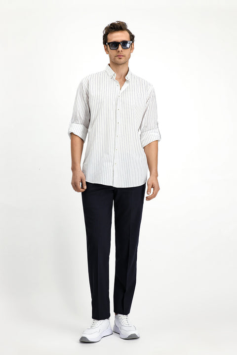 White and Navy Long Sleeve Regular Fit Striped Sport Button-Down Collar Cotton Shirt