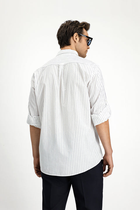 White and Navy Long Sleeve Regular Fit Striped Sport Button-Down Collar Cotton Shirt