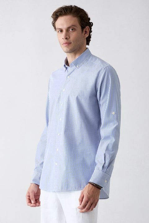 Blue Long Sleeve Regular Fit Striped Cotton Easy-Iron Shirt