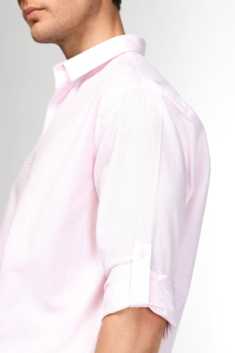 Dusty Pink Long Sleeve Regular Fit Striped Cotton Easy-Iron Shirt