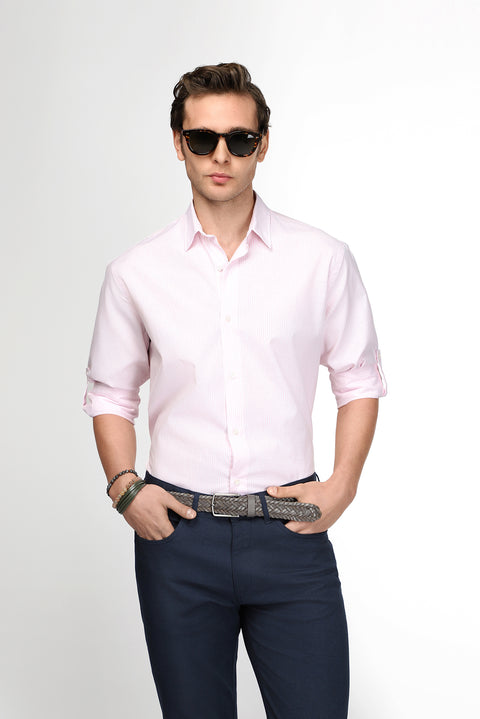 Dusty Pink Long Sleeve Regular Fit Striped Cotton Easy-Iron Shirt