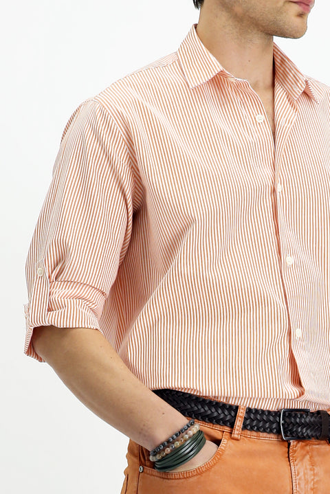 Medium Orange Long Sleeve Regular Fit Striped Cotton Easy-Iron Shirt