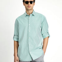 Grass Green Long Sleeve Regular Fit Striped Cotton Easy-Iron Shirt