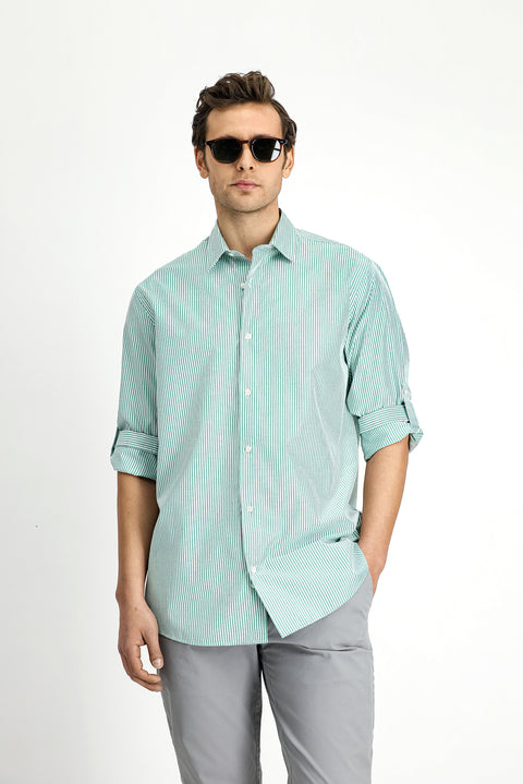 Grass Green Long Sleeve Regular Fit Striped Cotton Easy-Iron Shirt