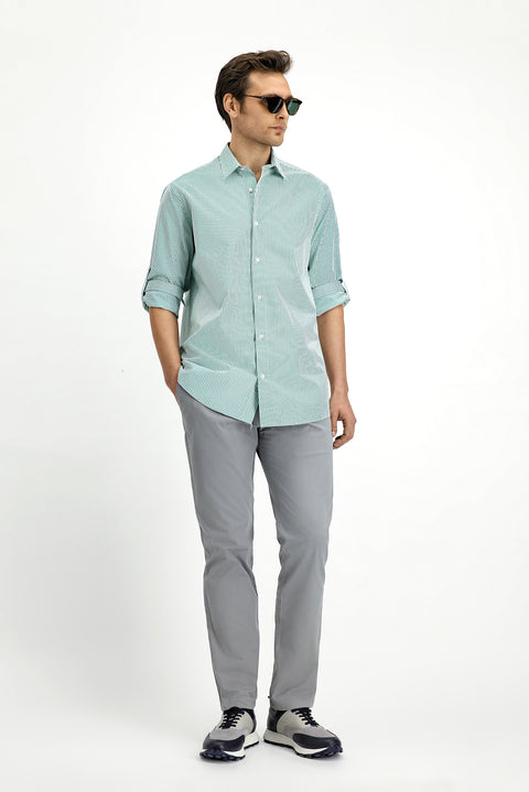 Grass Green Long Sleeve Regular Fit Striped Cotton Easy-Iron Shirt